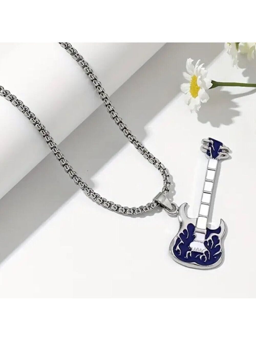 Emerald Green Flaming Guitar with White Neck Rocker Necklace and Pendant 1559 - Picture 4 of 16